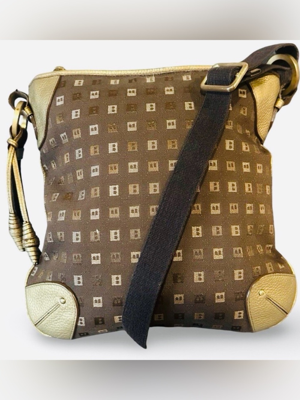 BALLY ✨Crossbody Shoulder Bag Monogram Leather Inserts Gold Brown Italy Unisex